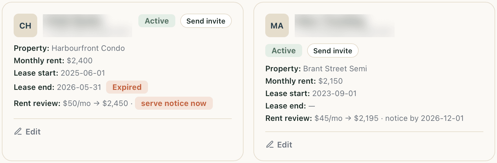 Two Ontario tenancy records side by side: the first has an expired lease and a rent review flagged to serve notice now, the second shows its next notice simply due by 2026-12-01.