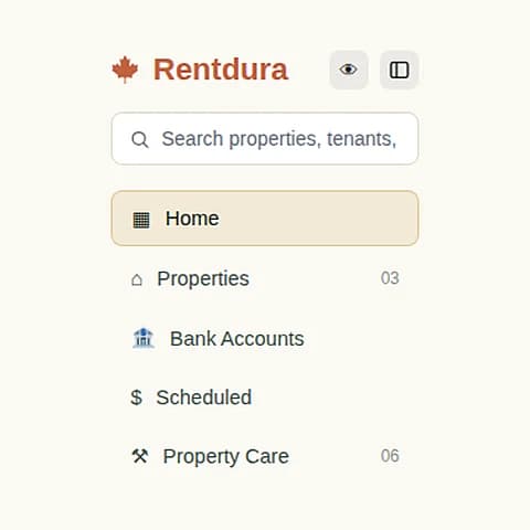 Rentdura menu: Home, Properties, Bank Accounts, Scheduled