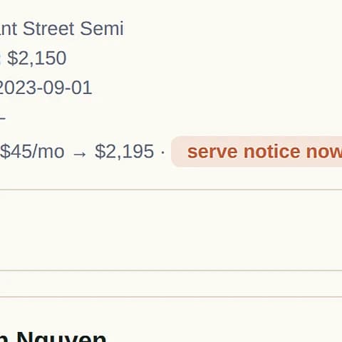 Rentdura rent review with a serve-notice-now prompt